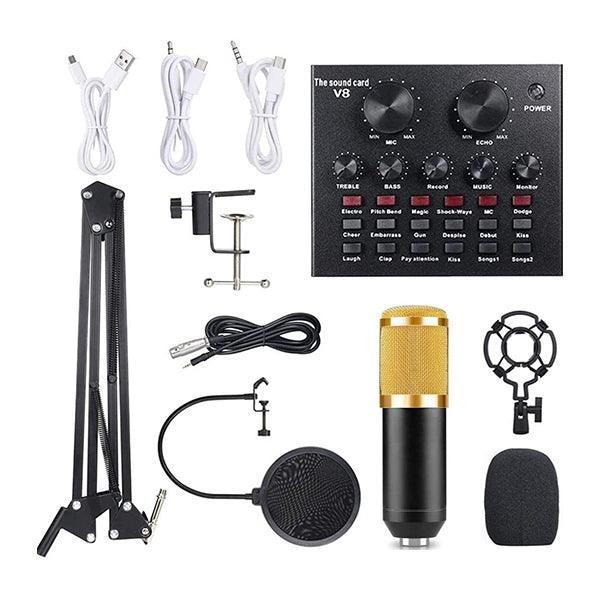 Podcast Equipment Bundle, Audio Interface with All in One Live Sound Card and Condenser Microphone, Perfect for Recording, Broadcasting, Live Streaming With V8 Sound Card BM-800 Combo Set Mic (Gold)