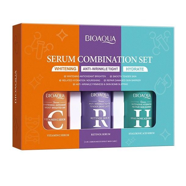 Bioaqua Pack of 3pcs Anti Aging Vitamin C Retinol Hyaluronic Acid Serum Skin Care Kit 30ml BQY84052