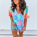 Women Blouse Top V Neck Short Sleeve Tie Dye Print Choker T-shirt. 