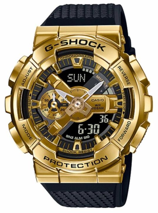 Casio G Shock Metal Covered Gold/Black Analog-Digital World Time Multi-Function Black Resin Band Watch-GM-110G-1A9DR