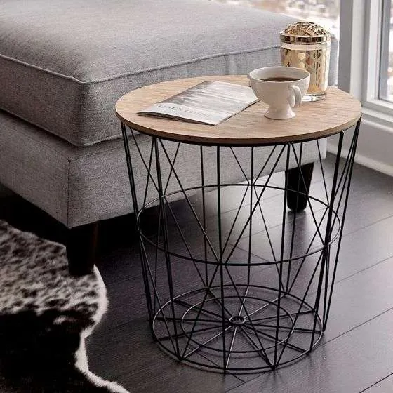 METAL%20WIRE%20REMOVABLE%20WOOD%20TOP%20FOLDABLE%20ROUND%20COFFEE%20SIDE%20TABLE%20STORAGE%20BASKET(%2016%20L%2016%20W%2018.5%20H%20)%20-%20Image%205