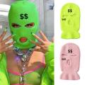 Neon Green Balaclava Hat Fashion Women Sad Dollar Embroidery Three-hole Ski Mask Full Face Cover Warm Knitted Army Tactical Mask. 