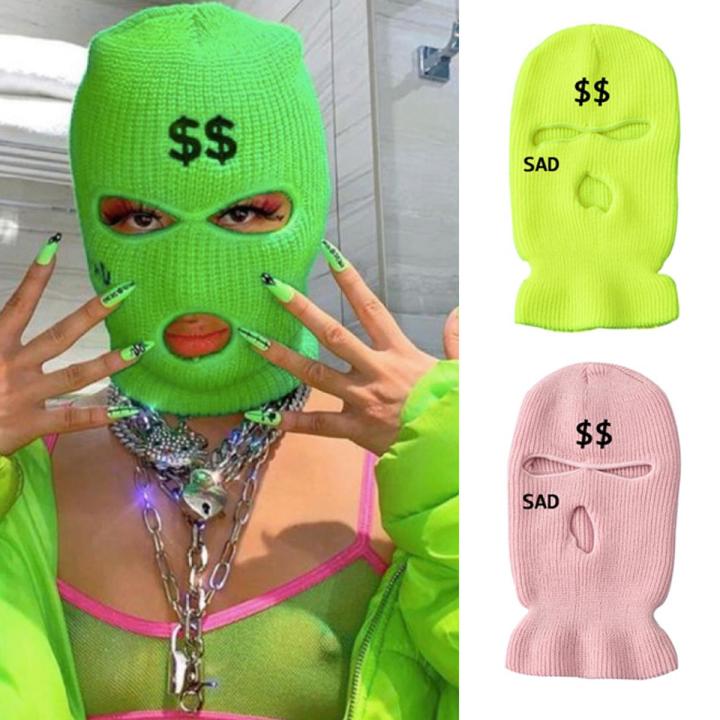 Neon Green Balaclava Hat Fashion Women Sad Dollar Embroidery Three-hole Ski Mask Full Face Cover Warm Knitted Army Tactical Mask