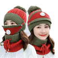 Womens Winter Warm Scarf Knitted Hat Mask With Filter Set Fashion Thickened Face Cover Outdoor UV Protection. 