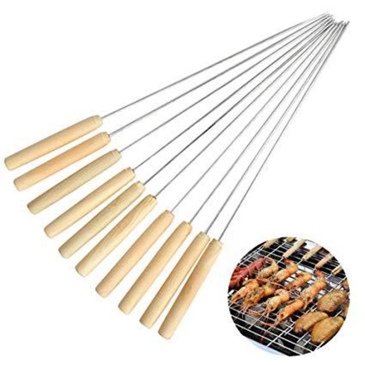 Pack Of 10 - BBQ Flat Skewers with Wooden Handle - 38cm each