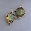 New Vintage Trend Green Color Square Shape Inlay Pearls Dangle Earrings For Women Party Birthday Fashion Custom Jewelry. 