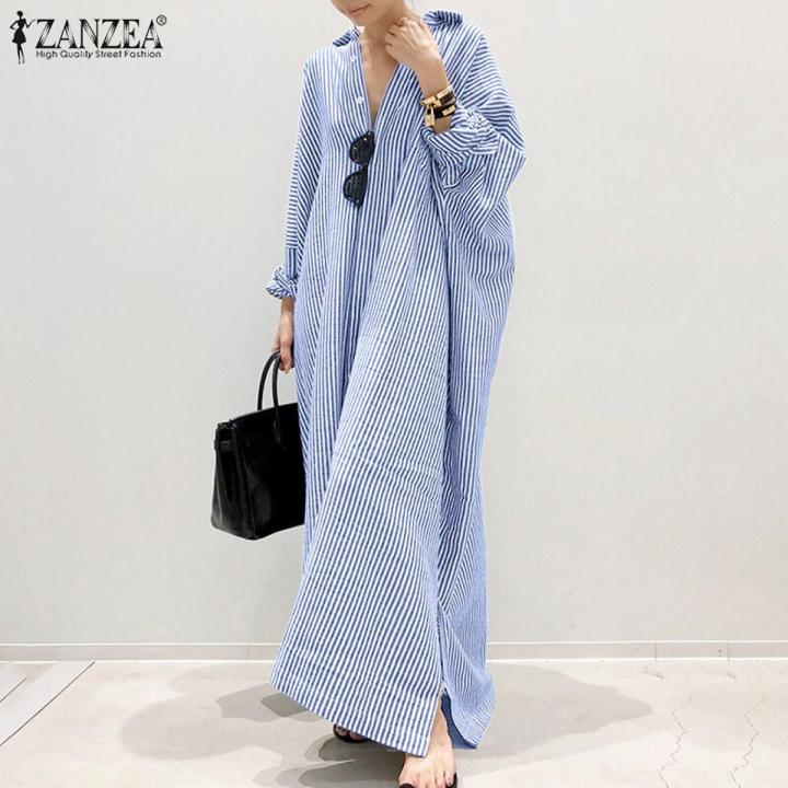 ZANZEA Korean Style Women Long Sleeve Button Down Stripe Casual Maxi Shirt Dresses