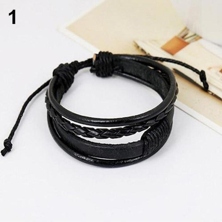 Unisex Vintage Retro Multilayer Braided Faux Leather Wristband Bracelet Bangle
