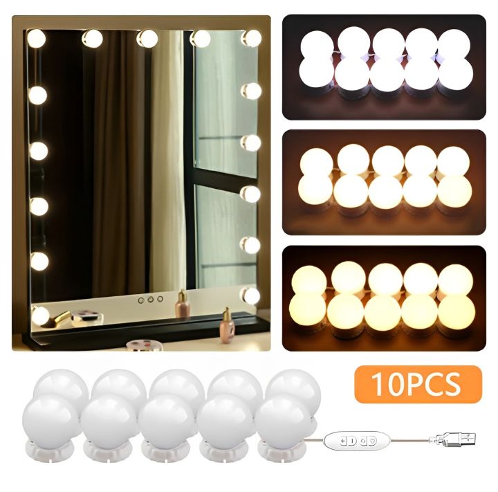 Vanity Lights For Mirror, Hollywood Style Vanity Lights With 10 Dimmable Bulbs, Adjustable Color White, Off White & Yellow  & Brightness, USB Cable, Mirror Lights Stick on for Makeup Table Dressing Room