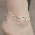 【Big-Sales】 Beach Anklets for Women Ladies Stainless Steel Link Foot Jewellery Pearl Pendant Ankle Bracelet Two Layers Chain Heart Style Pendant Foot Chain Fashion Tassel Foot Link.