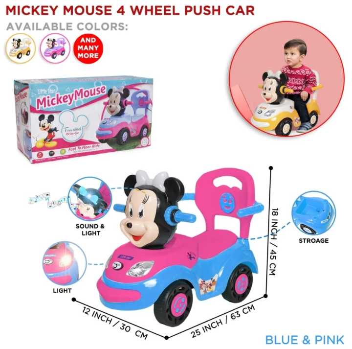 Mickey Mouse 4 Wheel Push Car Kids Push Car For Toddlers, Flashing Light & Music Minnie Mouse Cartoon Character Ride On Car 4 Wheels with Storage Buggy for Children Outdoor Indoor Ride For Baby Boy & Girl