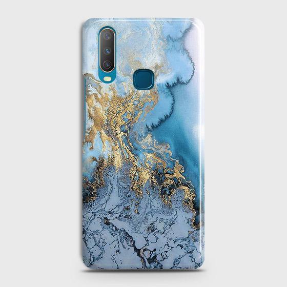 Vivo_ Y15 Cover - Trendy Golden & Blue Ocean Marble Printed Hard Case with Life Time Colors Guarantee