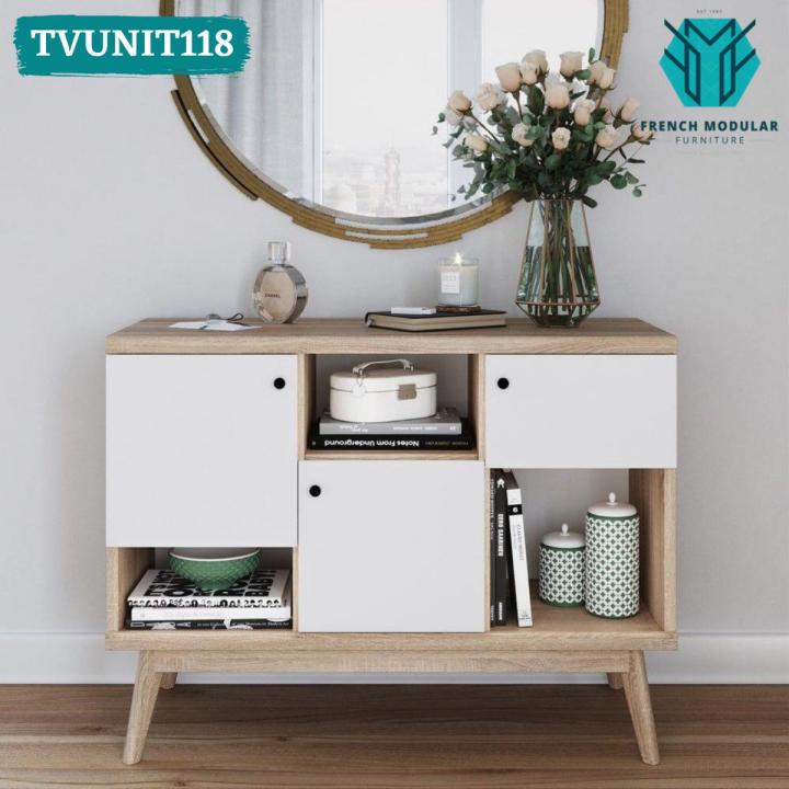 TVUNIT118 - Oak Wood Antique TV Console Brown Polish Finish Entertainment Unit Beige & Walnut Modern Living Room TV Bedroom Furniture Desk