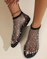 Women's Rhinestone Fishnet Flats – Breathable Slip-On Sparkle Shoes, Comfortable Low Heel Summer Casual Sandals. 