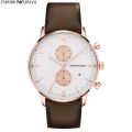 Emporio Armani Silver Dial Chronograph Brown Leather Strap Watch For Men AR-0398. 