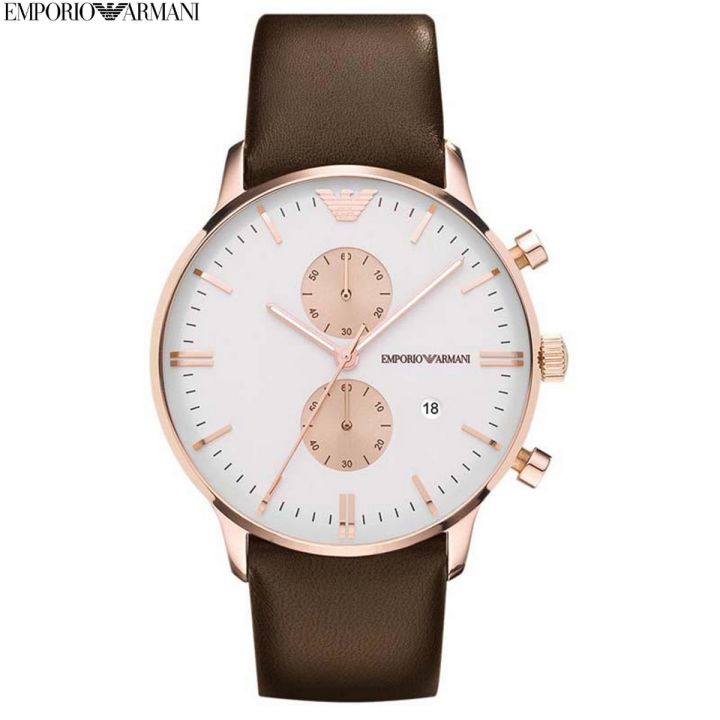 Emporio Armani Silver Dial Chronograph Brown Leather Strap Watch For Men AR-0398