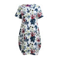 OIMG Vintage Women Loose Cotton Dress Ethnic Floral Print Pockets Short Sleeve Casual Midi Long Dress White. 