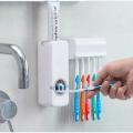 Toothpaste Dispenser With Tooth Brush Holder, Wall Mounted Toothpaste Dispenser & 5 Toothbrush Holder Set, Automatic Toothpaste Dispenser Toothpaste Squeezing Machine. 