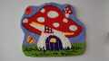 Whimsical Mushroom Cottage measuring 43 x 38 cm punch needle wall hanging. 