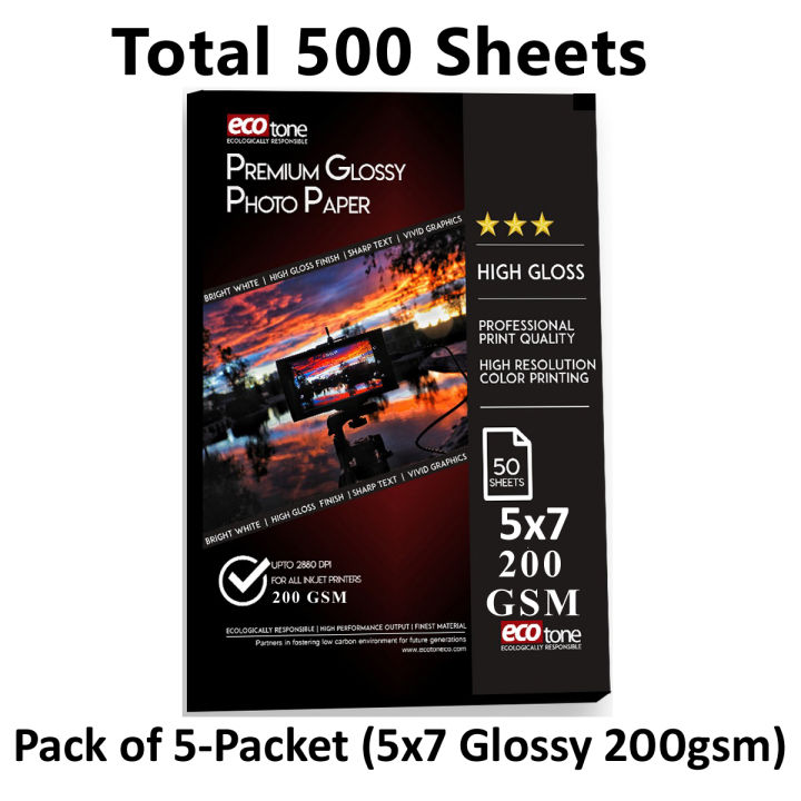 Ecotone Glossy Inkjet Paper  5x7-size 200-gram (Pack of 5 packet)