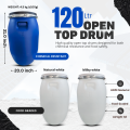 120 Liter HDPE Plastic Drum  White Food-Grade BPA-Free & Blue Chemical-Resistant Variants  Heavy-Duty Liquid Storage Container for Water, Oil, Fuel & Industrial Use  Durable, Lightweight, Leak-Proof Design with Secure Cap & Locking Ring. 