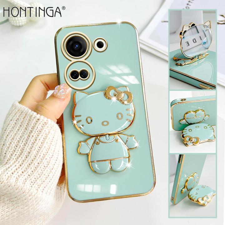 Hontinga for Tecno Camon 20 Camon 20 Pro Back Cover With Makeup Mirror Lovely Folding Bracket Case For Gilrs Luxury 6D Plating Soft Silicone Mobile Cover