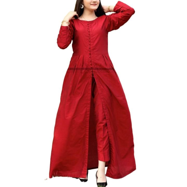 Cotton front open style long frock paired with smart trouser angrakha peplum frock with tulip stitched two piece suit traditional wear Daraz.pk