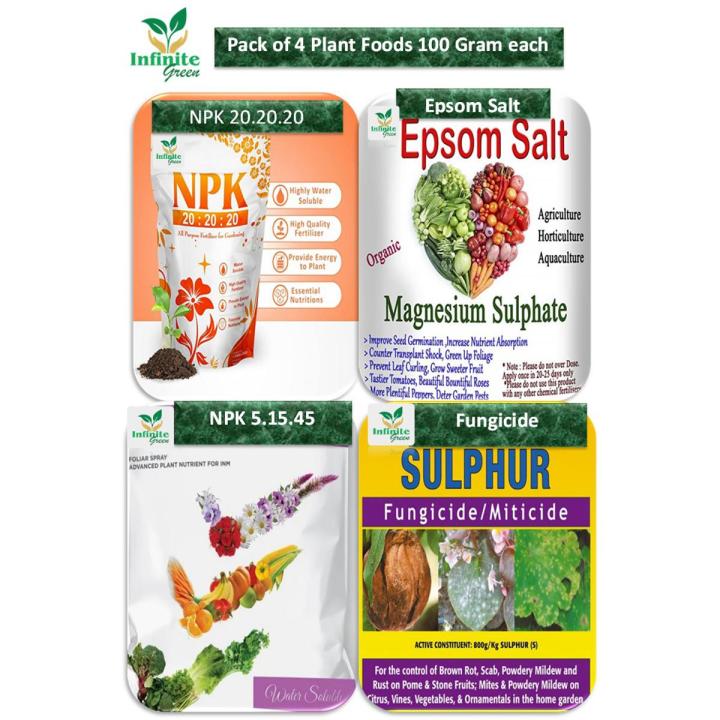 Pack of 4 Plant Foods (Fertilizer) (NPK 20.20.20 +TE , NPK 5.15.45 +TE , Epsom Salt, Fungicide) , 100 Gram .