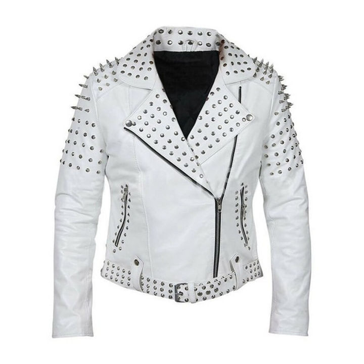 White Brando Biker Leather Jacket For Women