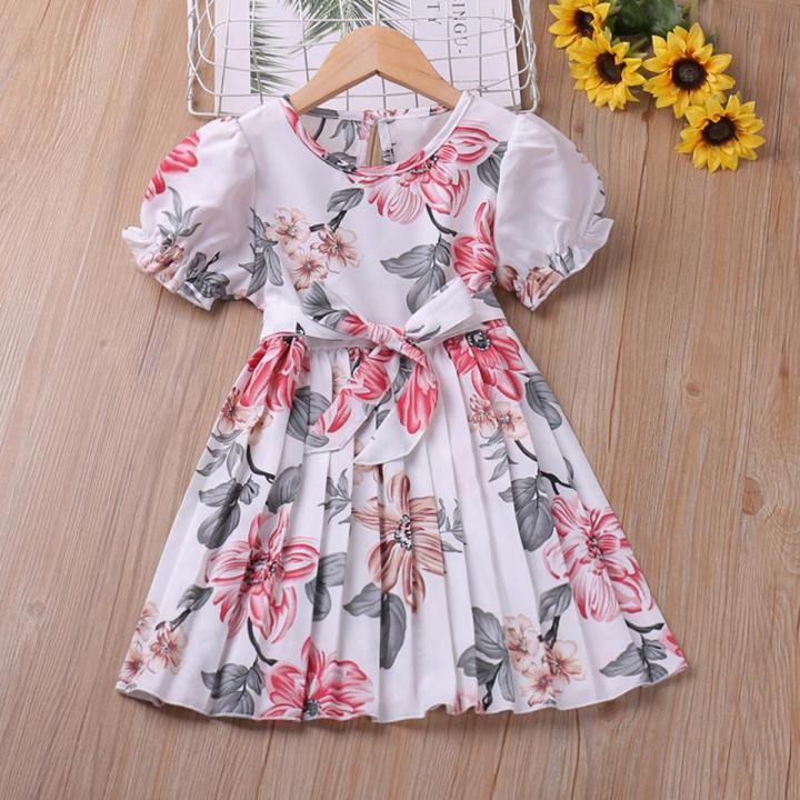 Humor Bear  Summer Dress for Girls Large Flower Pattern Pleated Dress Children's Dresses Girls