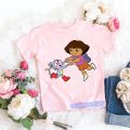 Fashion Kawaii Girls T-Shirt Dora Explorer Cartoon Print Kids Tshirt Summer Aesthetic Girls T Shirt Pink Short-Sleeved Tops. 