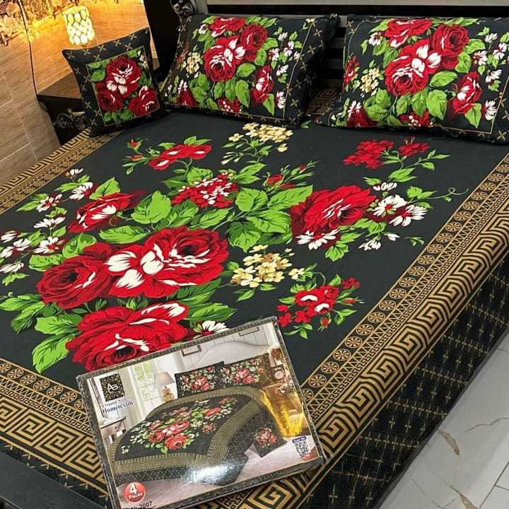 4PCs Super King Size Export Quality Crystal Cotton 3D Printed Green Double Bed Sheet Set.