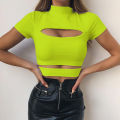 G&H Summer Solid Color y Hollow Out Mock Neck Short Sleeve Slim Women Crop Top. 