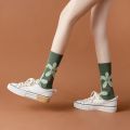 【Good-Love Store】New Cozy Breathable Combed Cotton Cute Sweet Green Khaki Black Flower Autumn Winter Tube Casual Socks Sokken. 