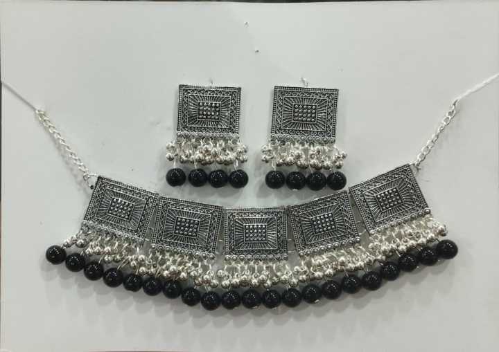 ANTIQUE SILVER & BLACK AFGHANI CHOKER WITH EARRINGS FOR ALL AGES WOMENS & GIRLS