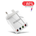 Ulti-Charger QC 3.0 USBC Power adapter Color 4-Port with Fast Charger 3A Tablet Travel Charger US EU and UK Black or White. 