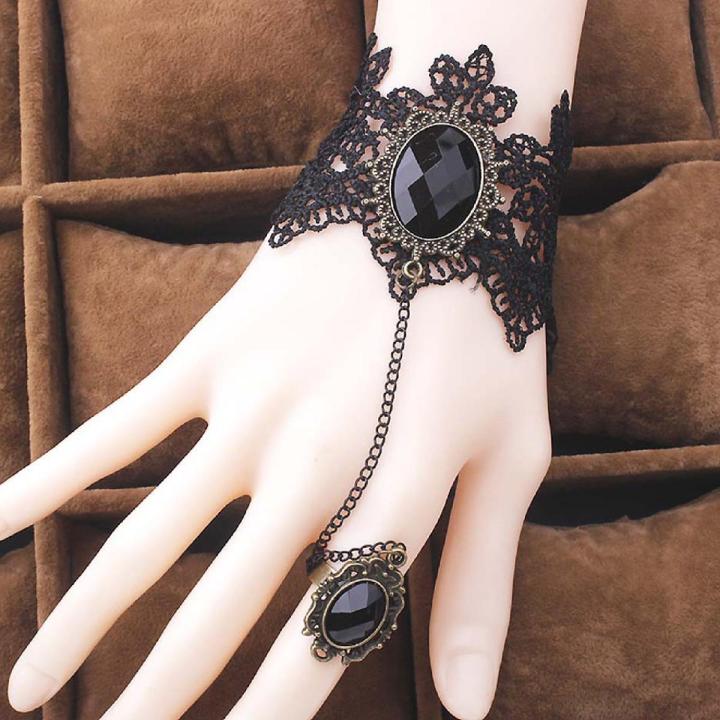 Super Hand Harness Bracelet Faux Gem Rose Decor Black Lace Ring Bracelet