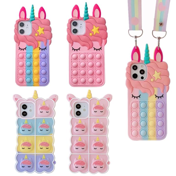 Pop Fidget Toys Bubble Case For iPhone 11 12 13 Pro X Xs Max XR 6 6s 7 8 Plus 5 5s SE mini Cartoon Unicorn Soft Silicone Cover