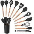 12 Pcs Silicone Cooking Utensils Kitchen Utensil Set - Heat Resistant Non-Toxic BPA Free Spatula Set with Turner Tongs,Spoon,Brush,Whisk-Wooden Handles Kitchen Gadgets Tools Set for Nonstick Cookware Spoon Set Silicon. 