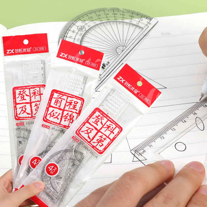 4Pcs/Set 4 in 1 Straight Triangle Ruler Set Plastic Transparent Ruler Protractor Triangle Ruler Measure Draw School Office Supplies School Office Supplies