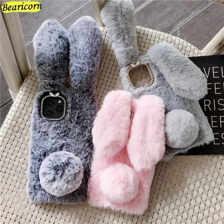 Soft Plush Case For iPhone 13 14 15 11 12 Pro XR X Xs Max 7 8 6 6s Plus 5 5S SE mini 3D Furry Rabbit Bunny Warm Fur Hair Cover Straggle Steipos