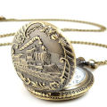 Unisex Antique Case Vintage Brass Rib Chain Train Pattern Quartz Pocket Watch. 