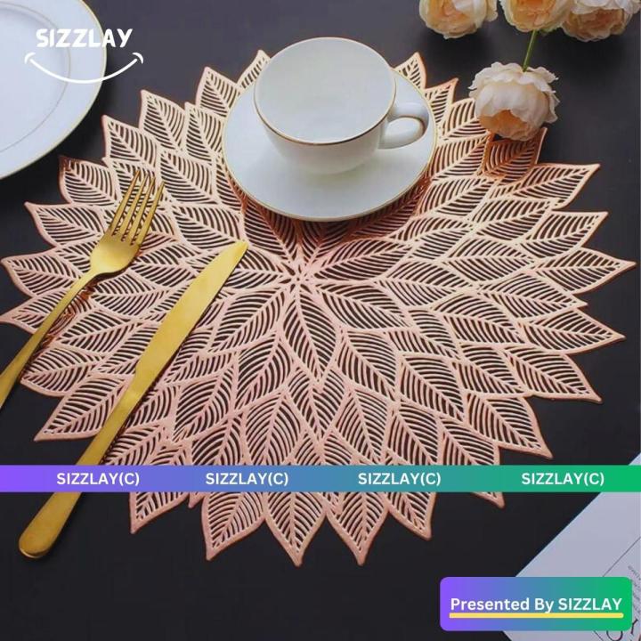 Rose Gold Round Placemats for Dinner Table Set of 2/4 Metallic Hollow Out Flower Shaped Table Mat Pressed Vinyl Place Mats Table Decor Wedding Accent Centerpiece - SIZZLAY