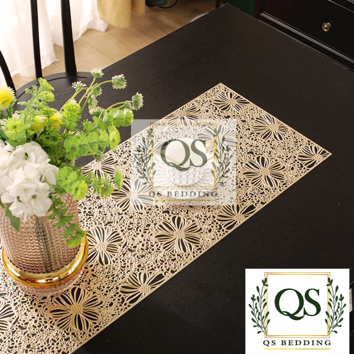 Gold Maple Leaf Vinyl Table Runner ( Golden & Silver)  Non Slip Dining Table Placemats 13"x36" - QS Bedding