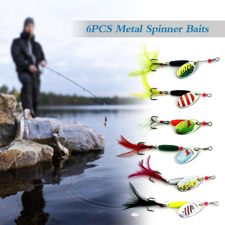 6PCS Fishing Lure Spinners Spinnerbait Kit Metal Spinner Baits Kit with Rooster Tail Treble Hook Bass Trout Fishing Lures Lot