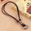 Fashion Men Retro Faux Leather Cord Double Circle Ring Pendant Necklace Gift. 