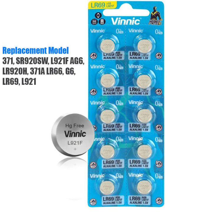 Vinnic Original 10 Pcs L921F, Replacement Model 371, SR920SW, L921F AG6, LR920H, 371A LR66, G6, LR69, L921 Button Cell 1.5V Button Battery