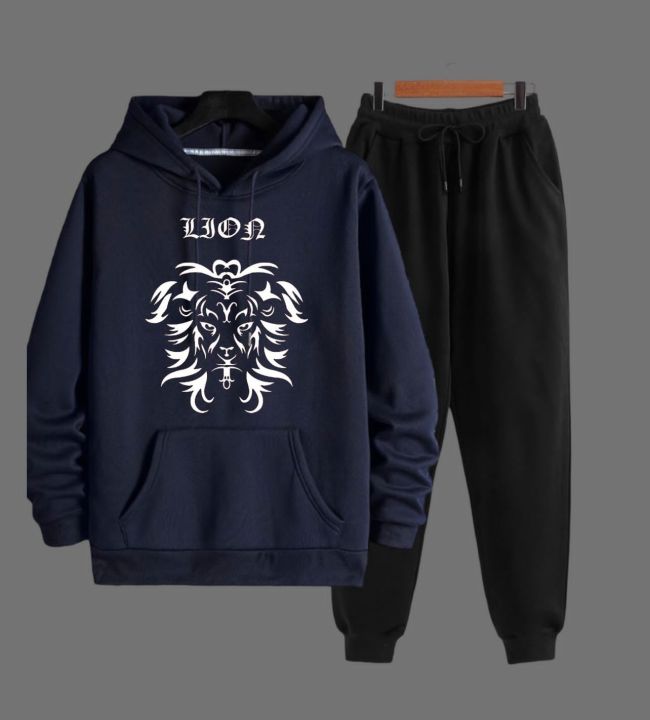 Lion Printed Fleece Full Sleeves Pull Over Hoodie & Trouser For Men & Boys