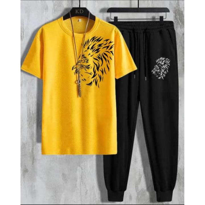 TRACKSUIT - Yellow & Black Summer Printed Tracksuit For Men & Boys - Soft & Comfortable Fabric Trouser & tshirts for men