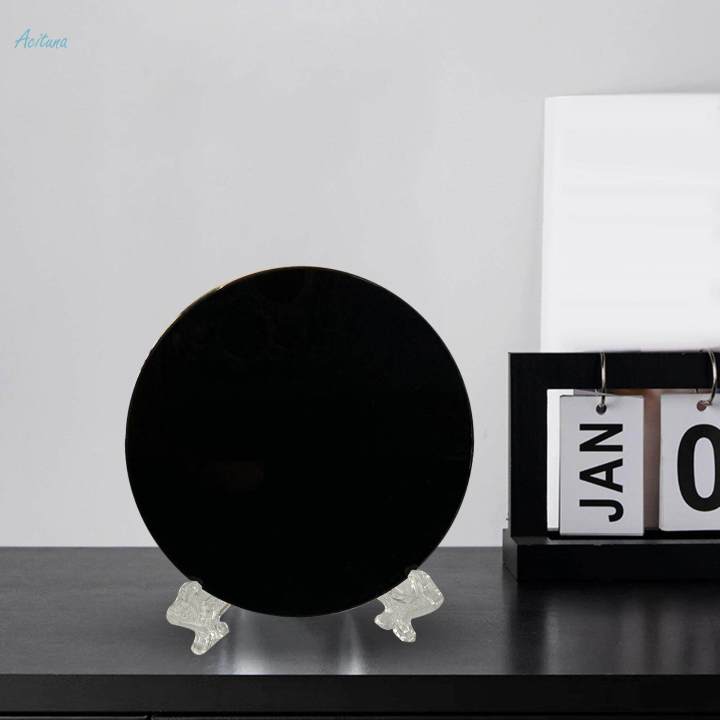 Feng Shui Black Obsidian Scrying Mirror, Black Obsidian Disc with Stand, Round 6cm